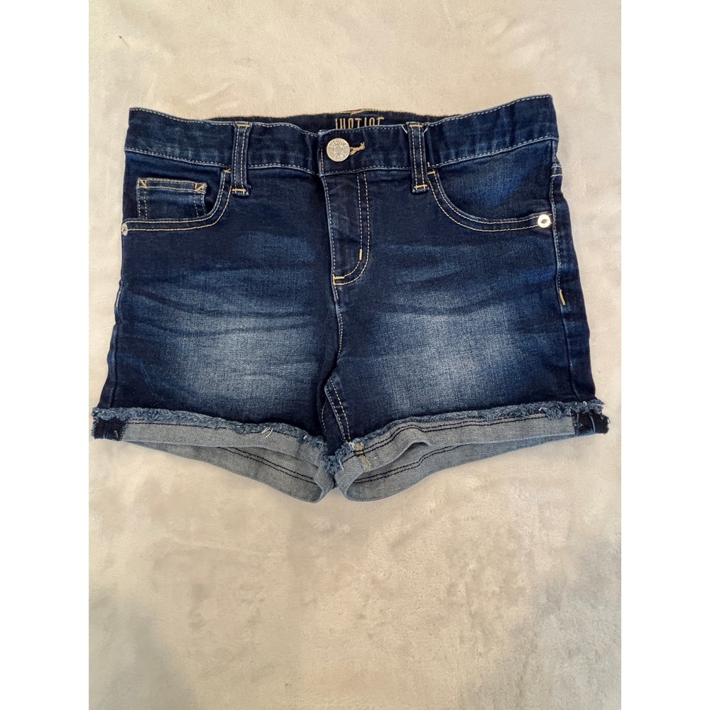 Justice Girls Dark Wash Denim Shorts Raw Hem Size 10 Plus Stretch Whiskered